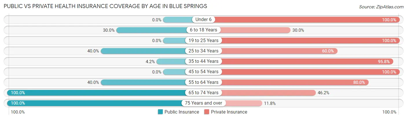 Public vs Private Health Insurance Coverage by Age in Blue Springs