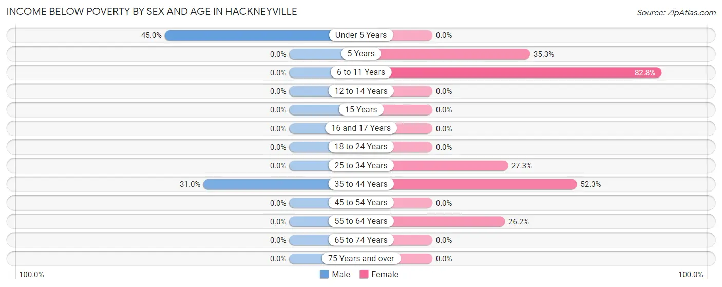 Income Below Poverty by Sex and Age in Hackneyville
