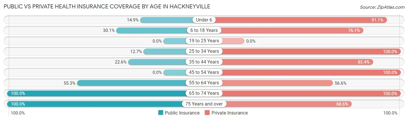 Public vs Private Health Insurance Coverage by Age in Hackneyville