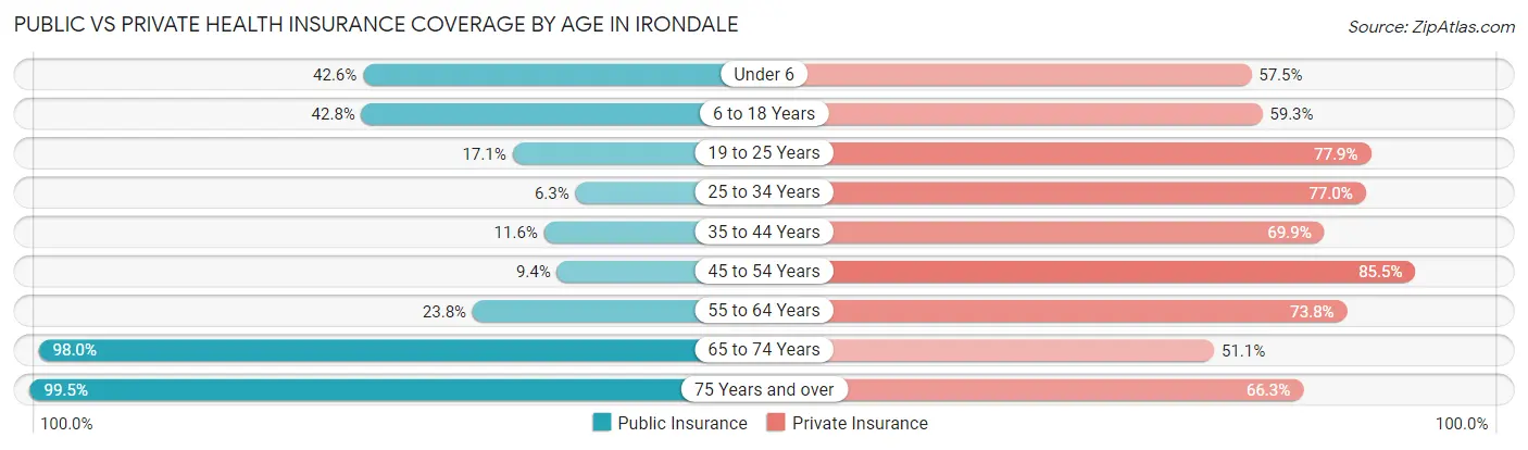 Public vs Private Health Insurance Coverage by Age in Irondale