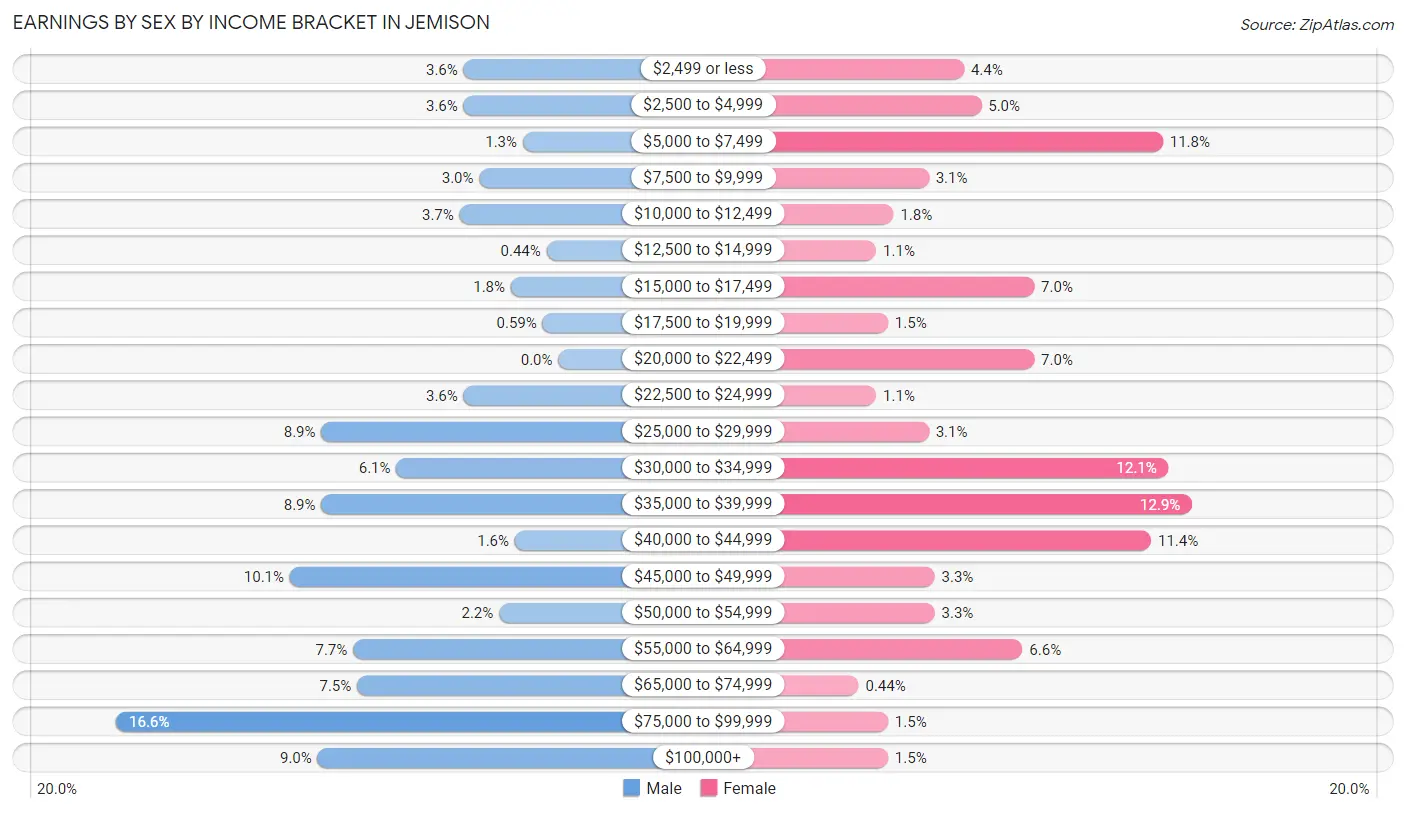 Earnings by Sex by Income Bracket in Jemison