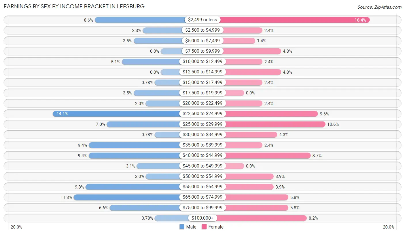 Earnings by Sex by Income Bracket in Leesburg