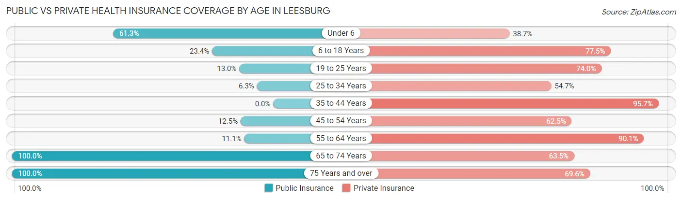 Public vs Private Health Insurance Coverage by Age in Leesburg