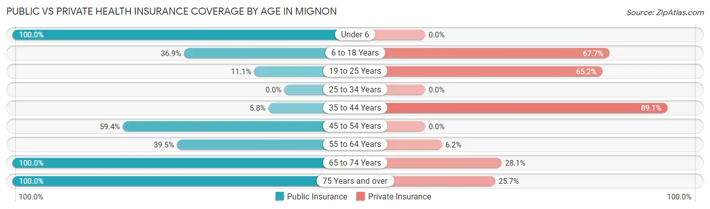 Public vs Private Health Insurance Coverage by Age in Mignon