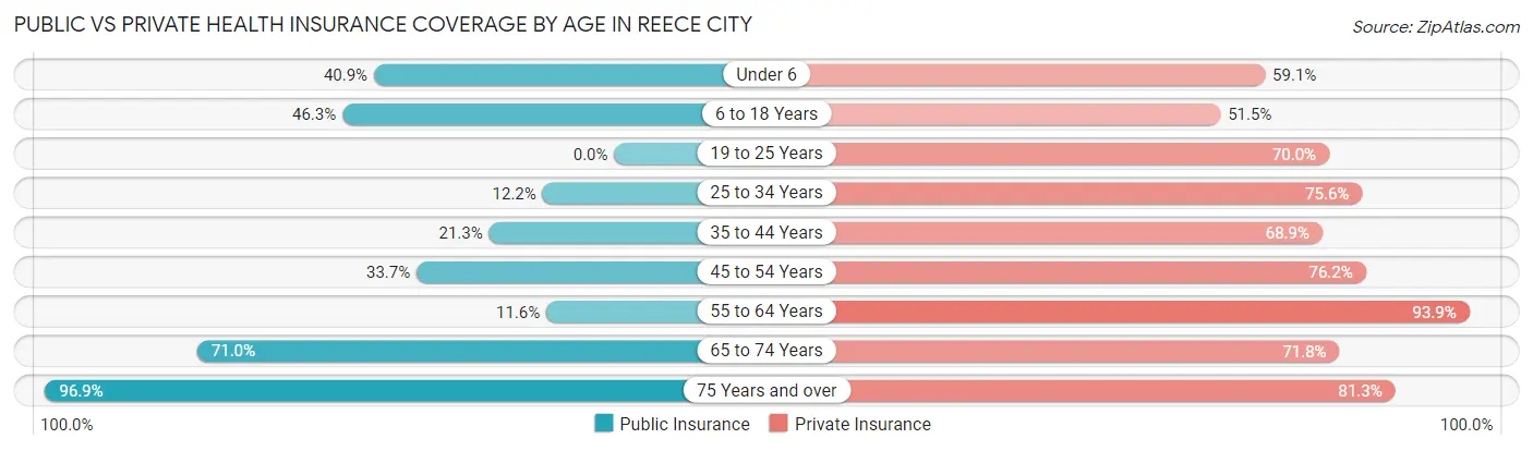 Public vs Private Health Insurance Coverage by Age in Reece City