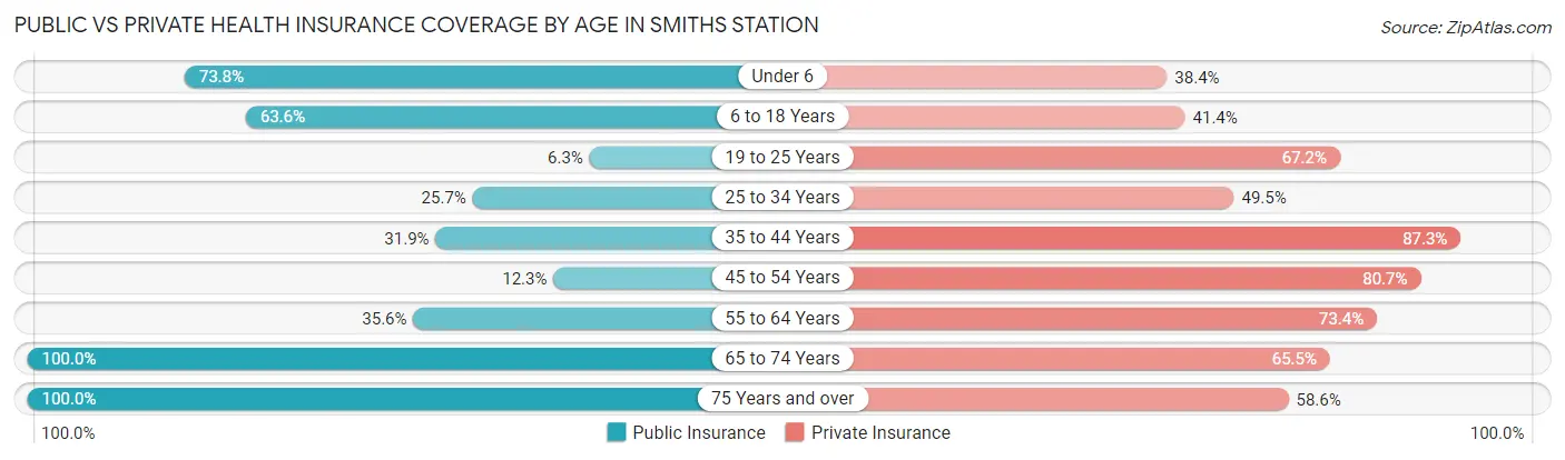 Public vs Private Health Insurance Coverage by Age in Smiths Station