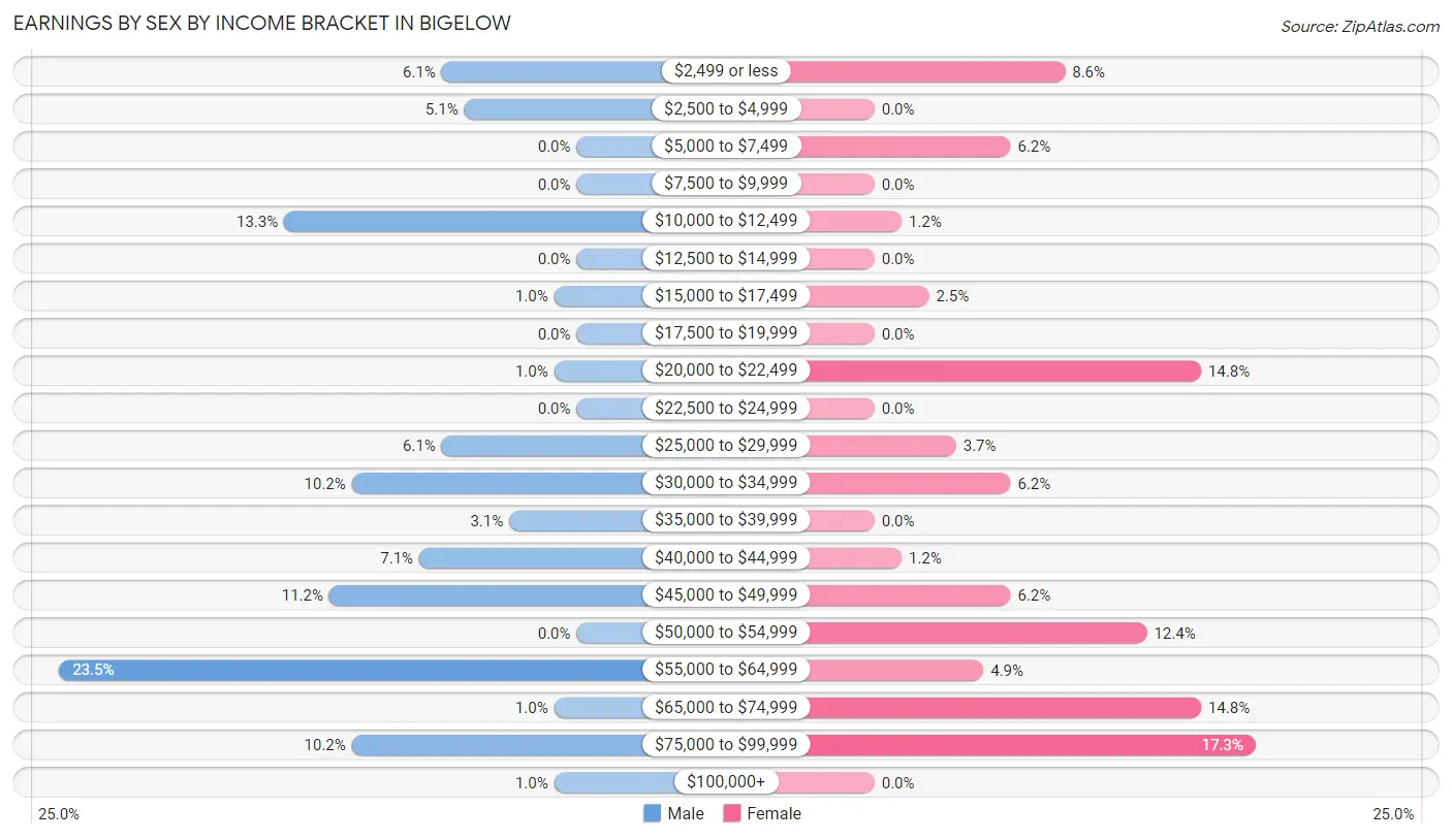 Earnings by Sex by Income Bracket in Bigelow