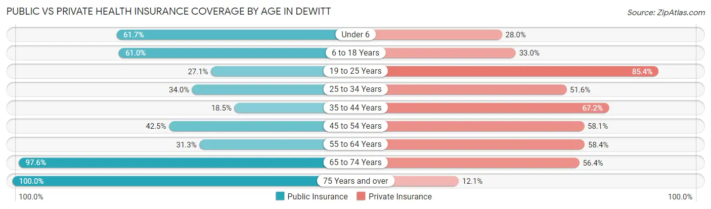 Public vs Private Health Insurance Coverage by Age in DeWitt