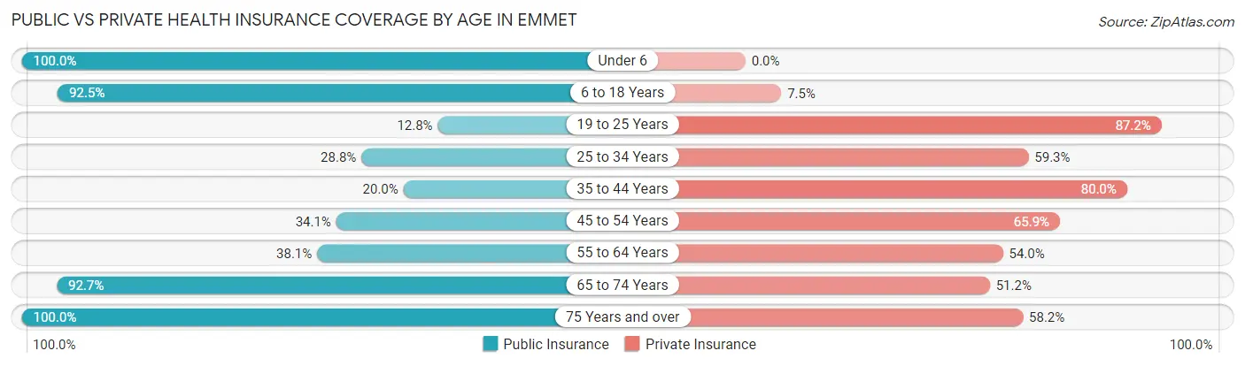 Public vs Private Health Insurance Coverage by Age in Emmet