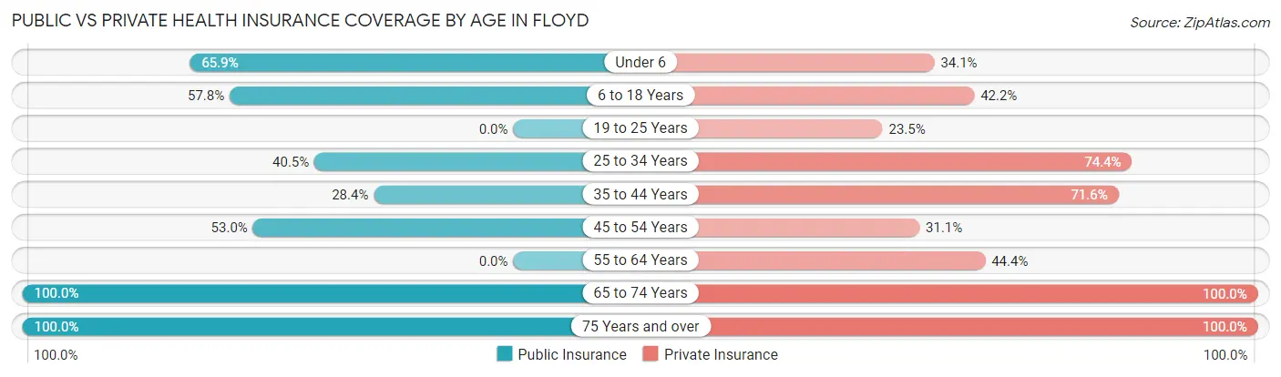 Public vs Private Health Insurance Coverage by Age in Floyd