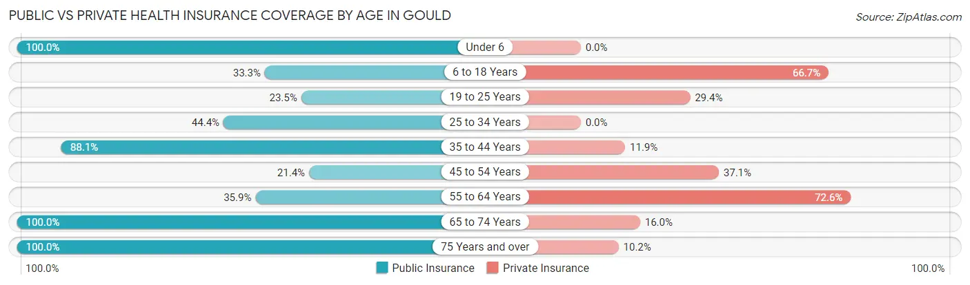 Public vs Private Health Insurance Coverage by Age in Gould