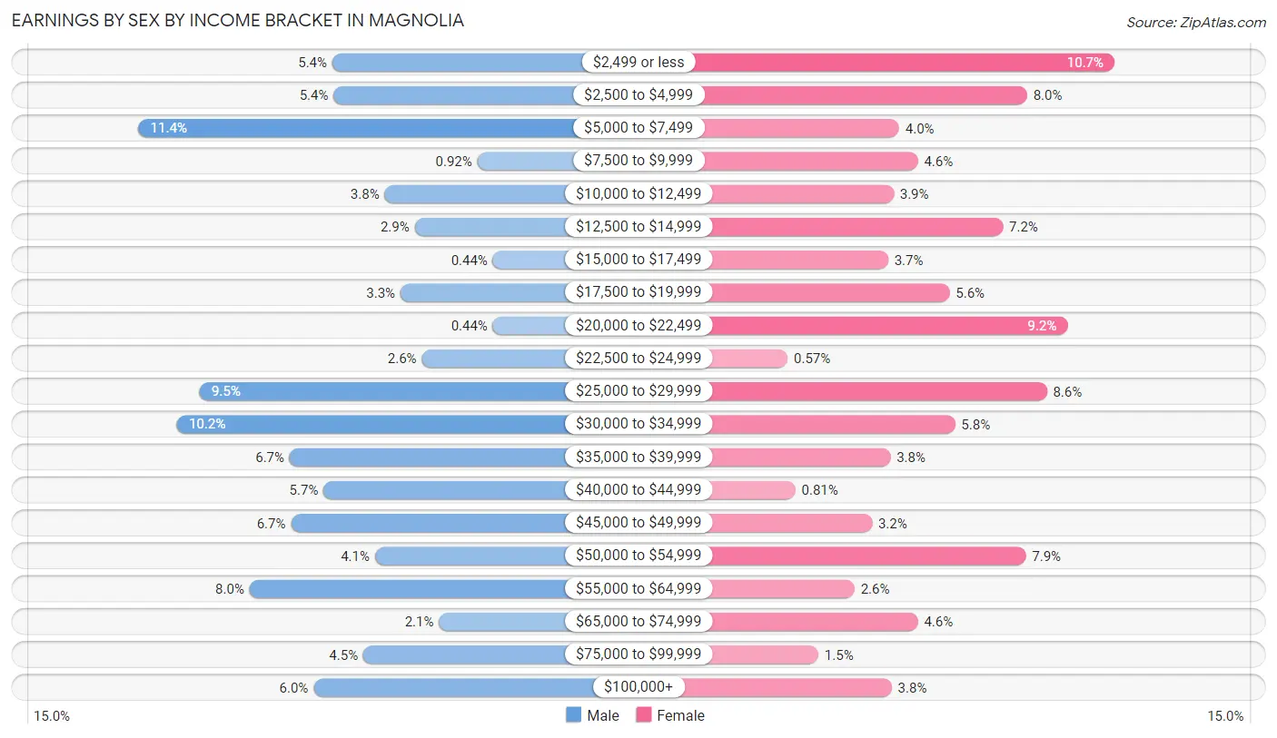 Earnings by Sex by Income Bracket in Magnolia