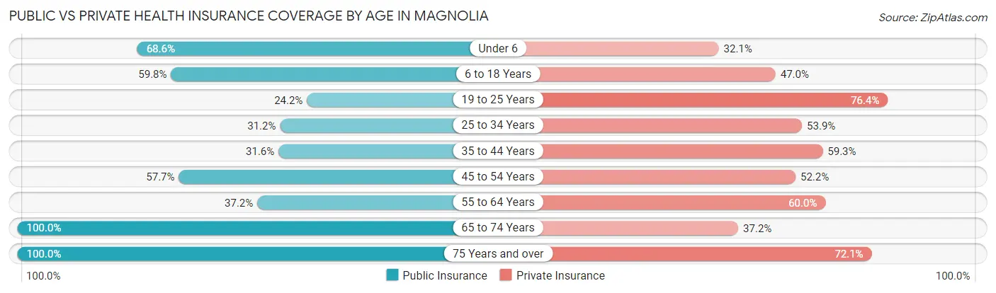 Public vs Private Health Insurance Coverage by Age in Magnolia