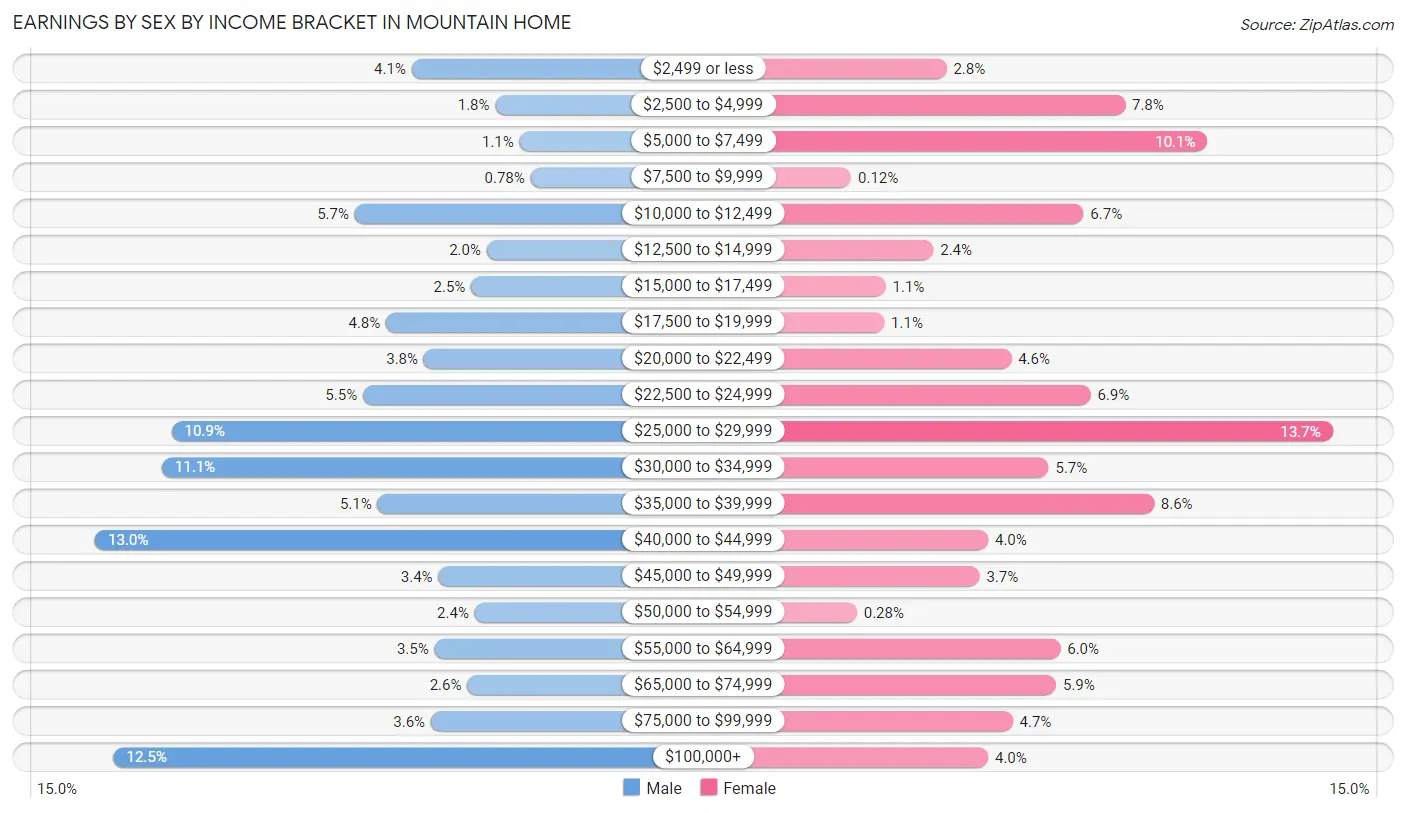 Earnings by Sex by Income Bracket in Mountain Home