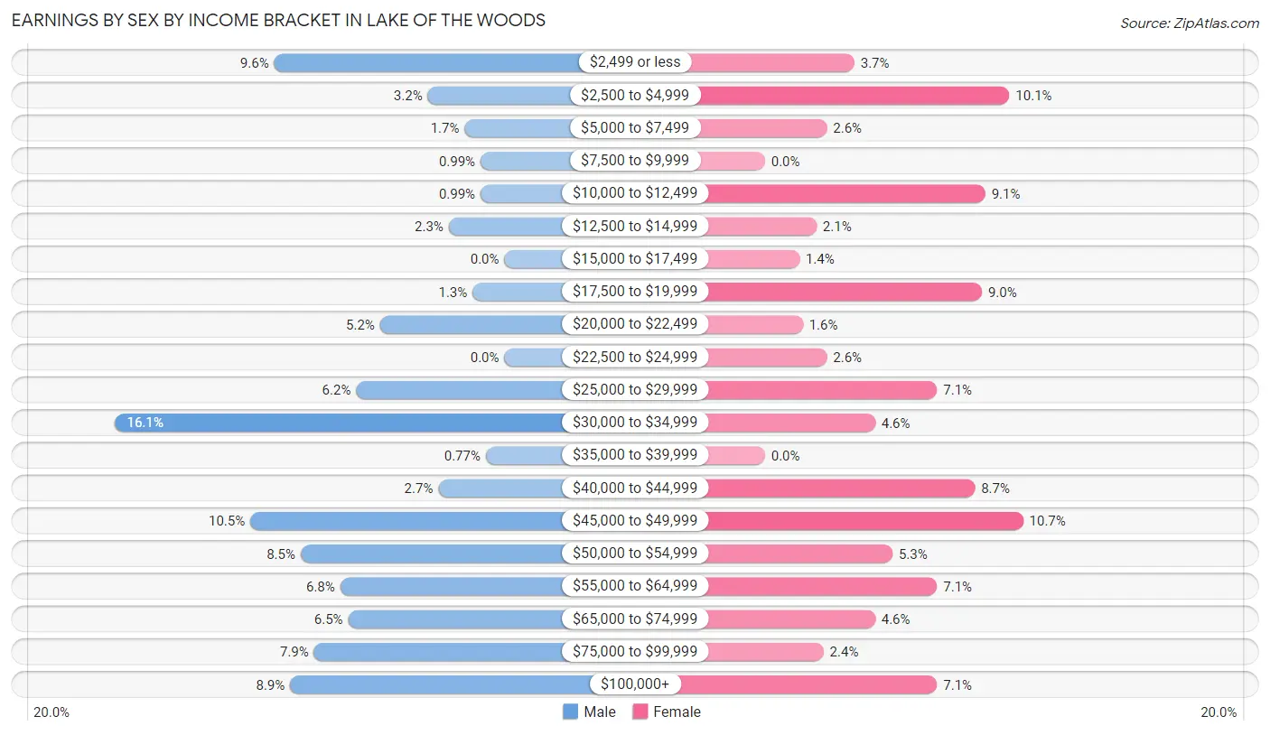 Earnings by Sex by Income Bracket in Lake of the Woods