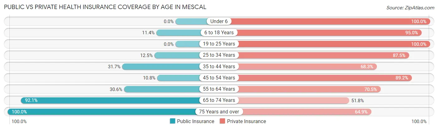 Public vs Private Health Insurance Coverage by Age in Mescal