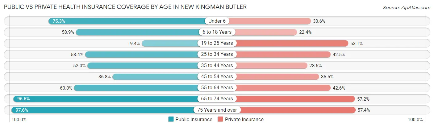 Public vs Private Health Insurance Coverage by Age in New Kingman Butler