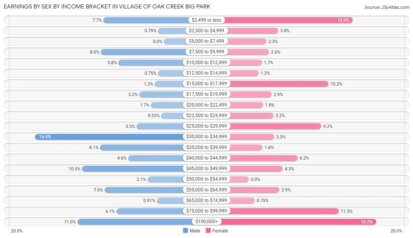 Earnings by Sex by Income Bracket in Village of Oak Creek Big Park