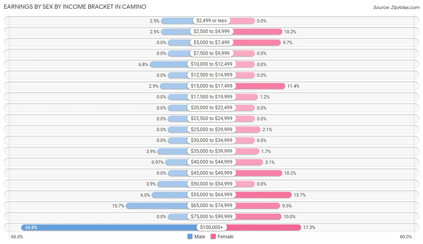 Earnings by Sex by Income Bracket in Camino