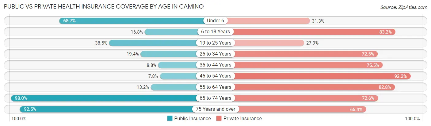 Public vs Private Health Insurance Coverage by Age in Camino