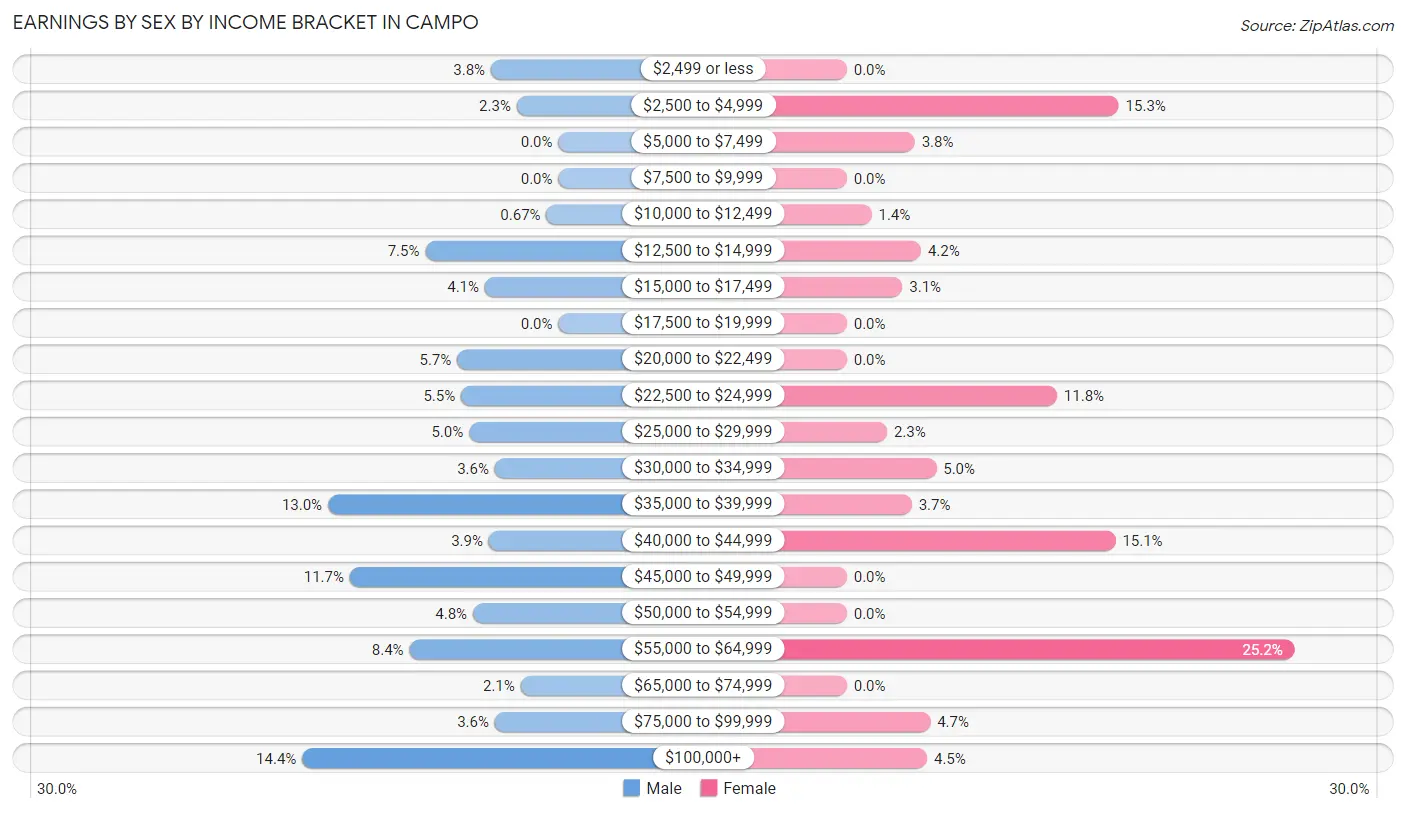 Earnings by Sex by Income Bracket in Campo