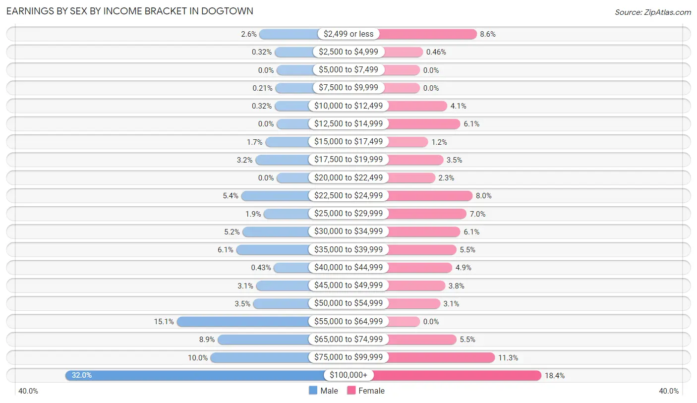 Earnings by Sex by Income Bracket in Dogtown