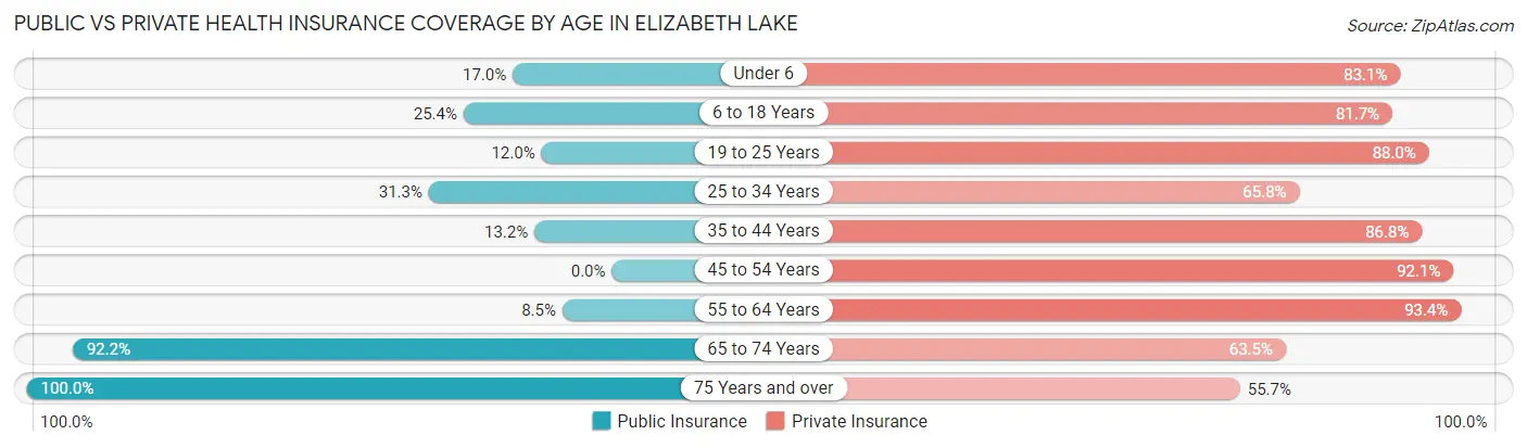 Public vs Private Health Insurance Coverage by Age in Elizabeth Lake