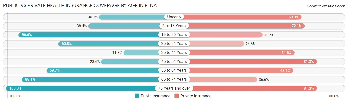 Public vs Private Health Insurance Coverage by Age in Etna