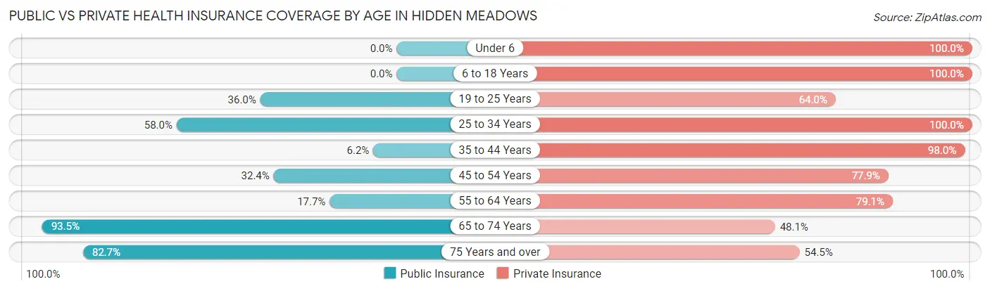 Public vs Private Health Insurance Coverage by Age in Hidden Meadows