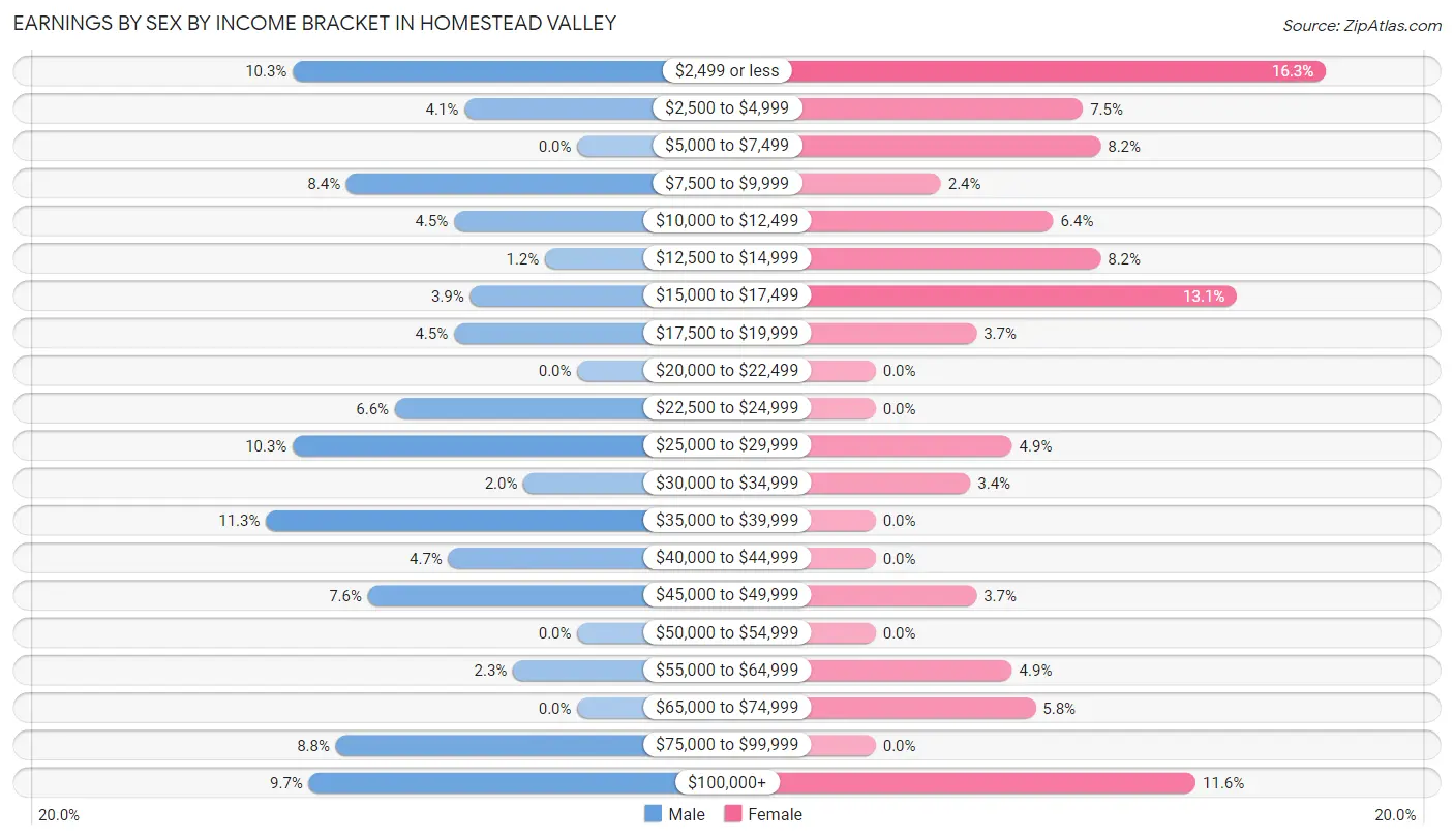 Earnings by Sex by Income Bracket in Homestead Valley