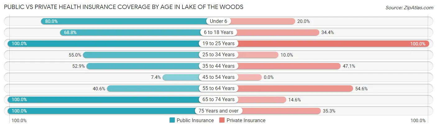 Public vs Private Health Insurance Coverage by Age in Lake of the Woods