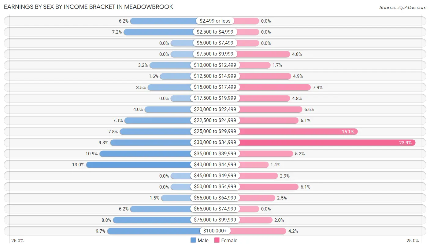 Earnings by Sex by Income Bracket in Meadowbrook