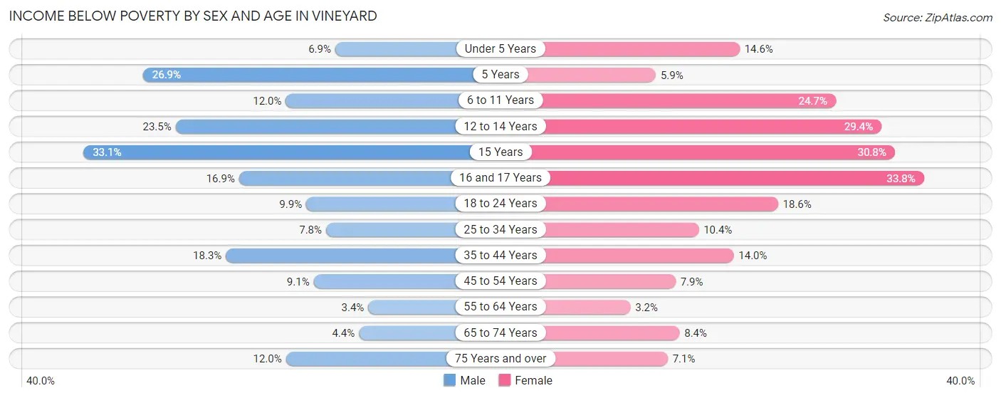 Income Below Poverty by Sex and Age in Vineyard