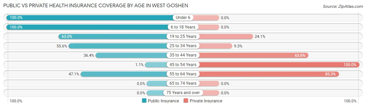 Public vs Private Health Insurance Coverage by Age in West Goshen
