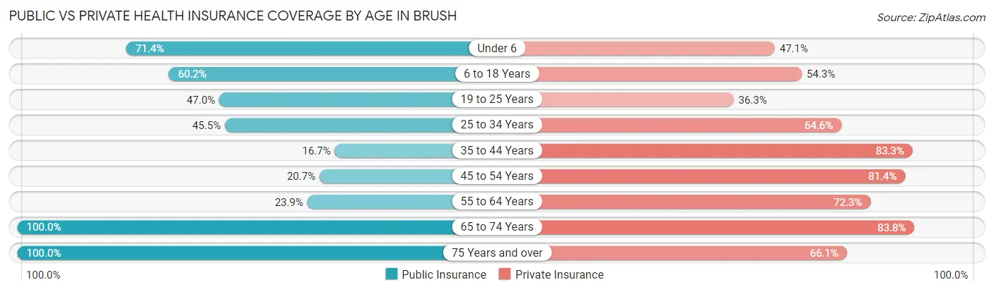 Public vs Private Health Insurance Coverage by Age in Brush