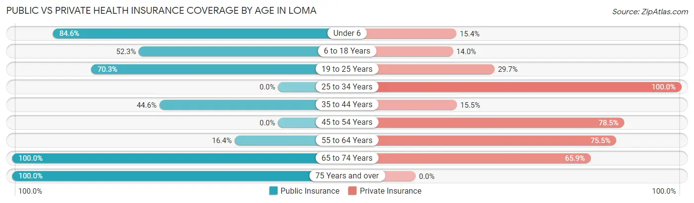 Public vs Private Health Insurance Coverage by Age in Loma