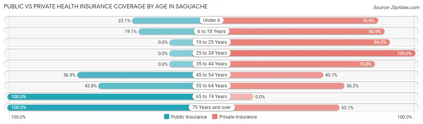 Public vs Private Health Insurance Coverage by Age in Saguache