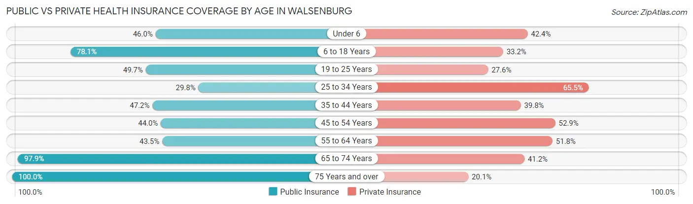 Public vs Private Health Insurance Coverage by Age in Walsenburg