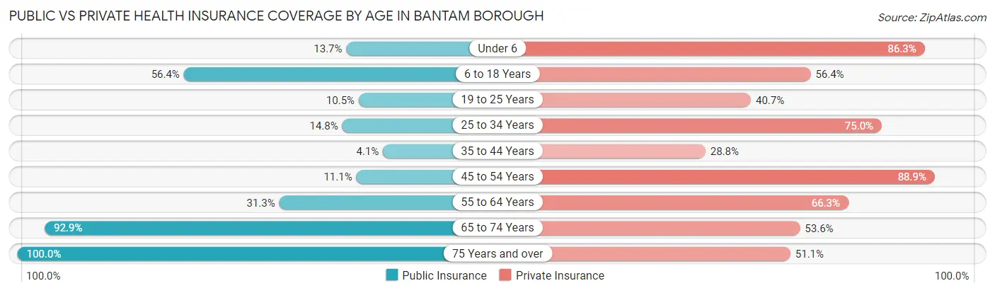 Public vs Private Health Insurance Coverage by Age in Bantam borough