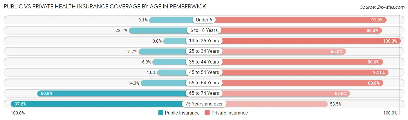 Public vs Private Health Insurance Coverage by Age in Pemberwick