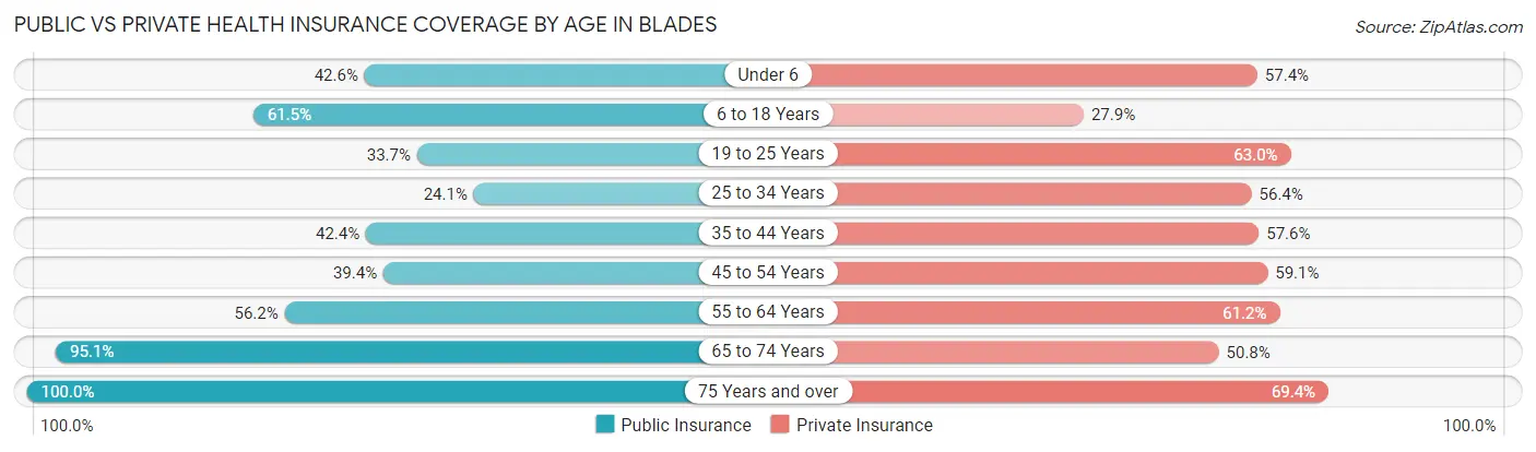 Public vs Private Health Insurance Coverage by Age in Blades