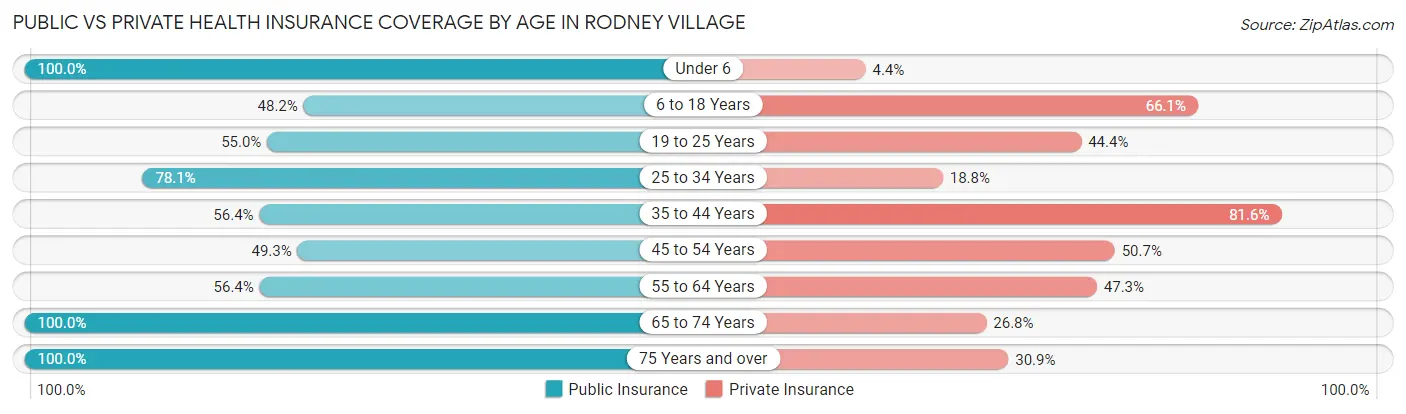 Public vs Private Health Insurance Coverage by Age in Rodney Village
