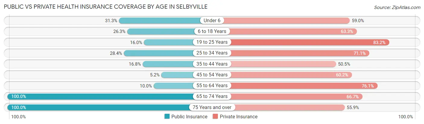 Public vs Private Health Insurance Coverage by Age in Selbyville