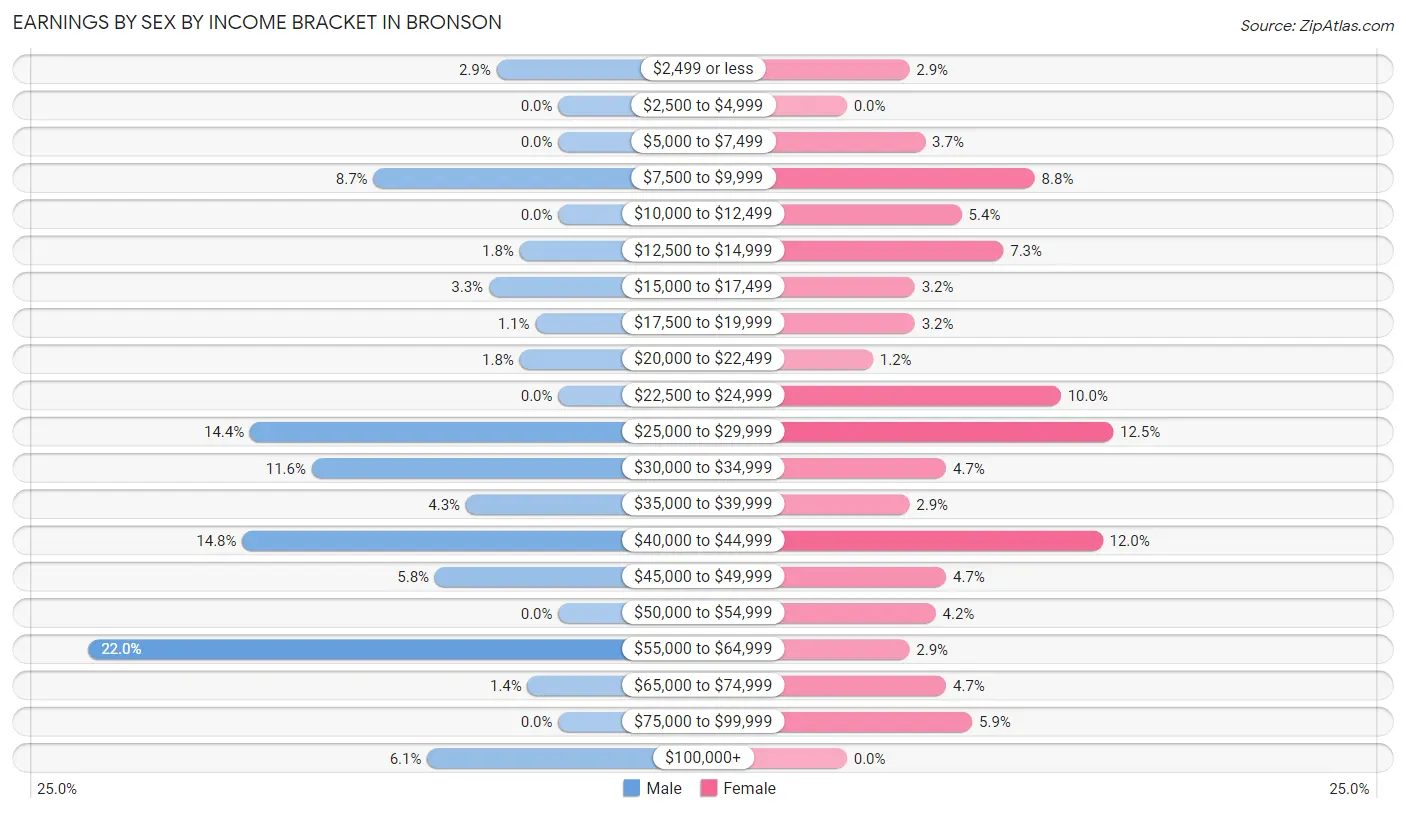 Earnings by Sex by Income Bracket in Bronson