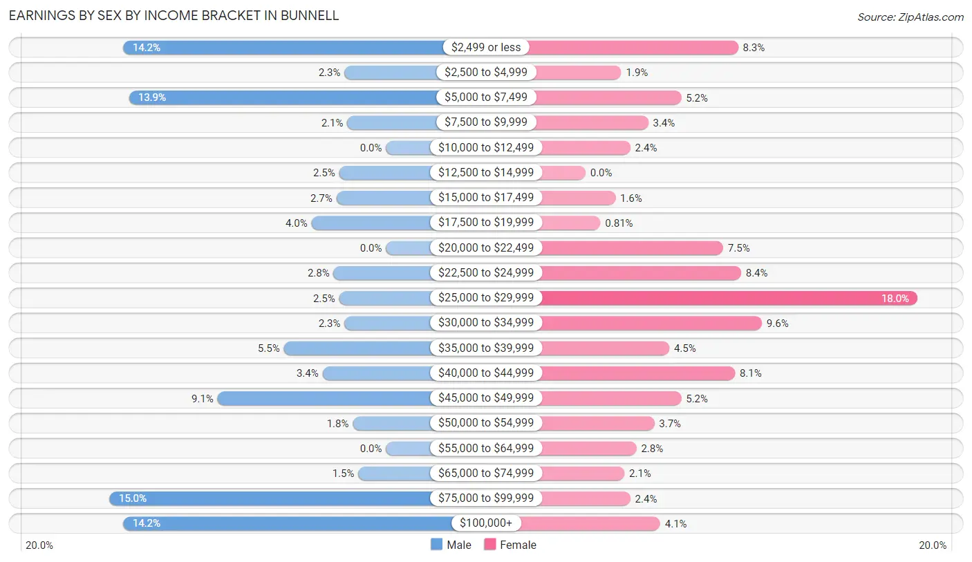 Earnings by Sex by Income Bracket in Bunnell