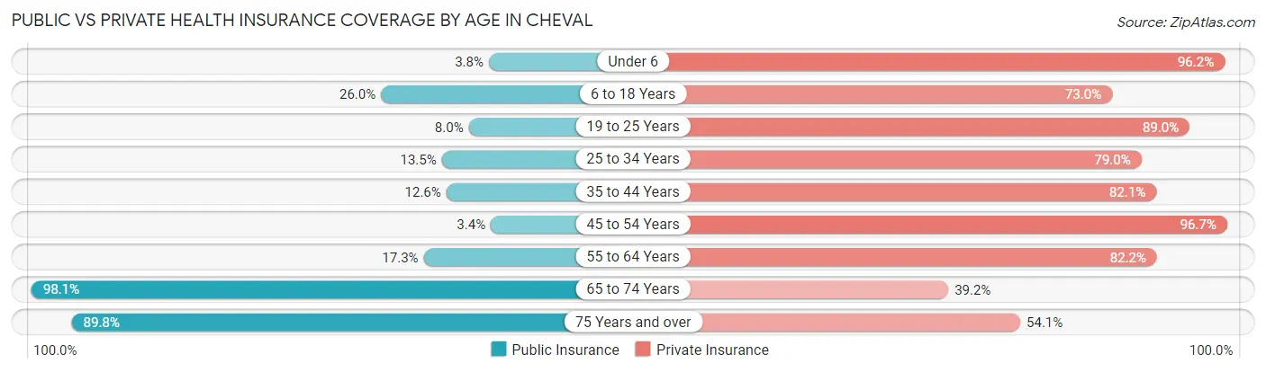 Public vs Private Health Insurance Coverage by Age in Cheval