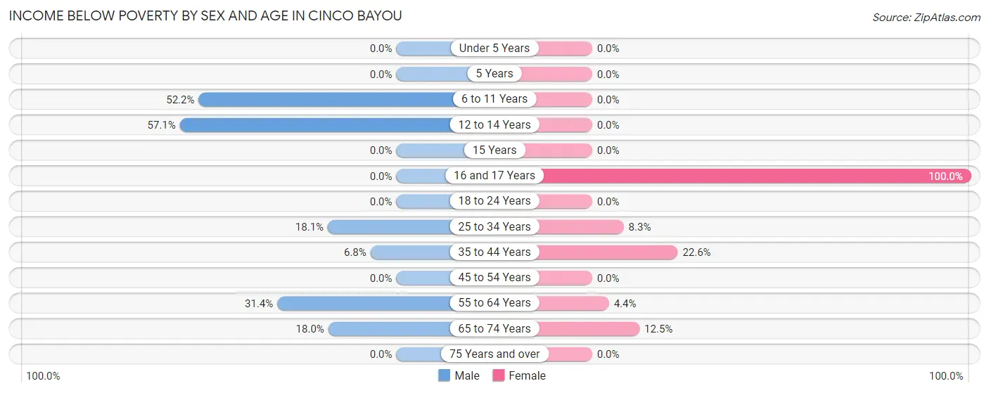 Income Below Poverty by Sex and Age in Cinco Bayou