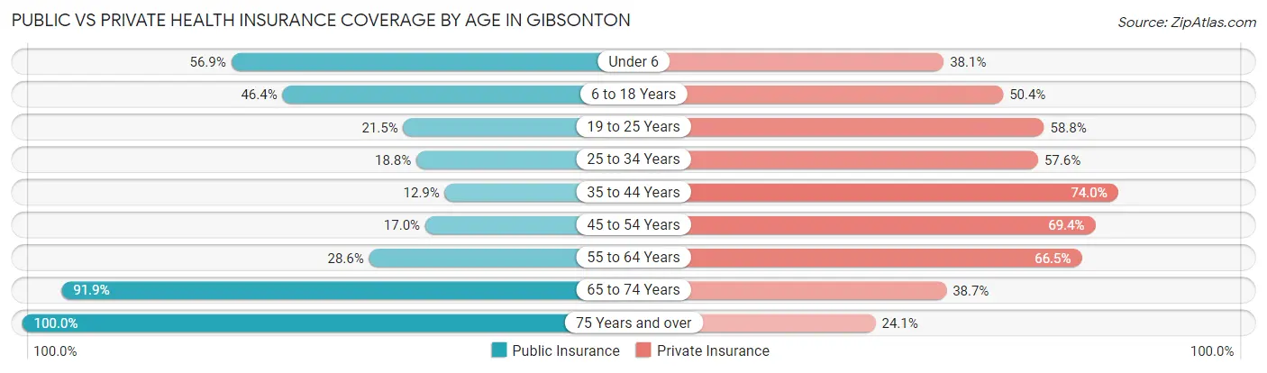 Public vs Private Health Insurance Coverage by Age in Gibsonton