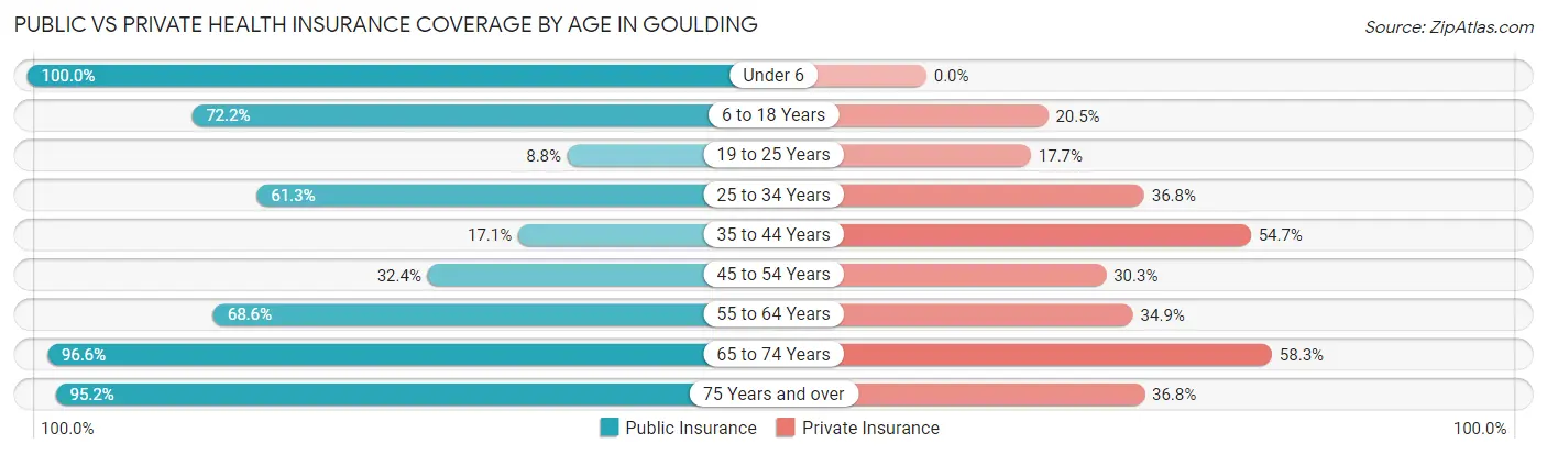 Public vs Private Health Insurance Coverage by Age in Goulding