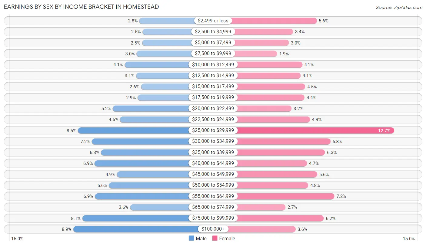 Earnings by Sex by Income Bracket in Homestead